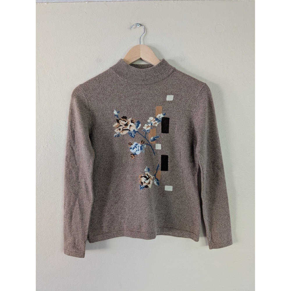 LYNON 100% Cashmere Mock Neck Floral Sweater Sz 40 Cottagecore Old Money Neutral